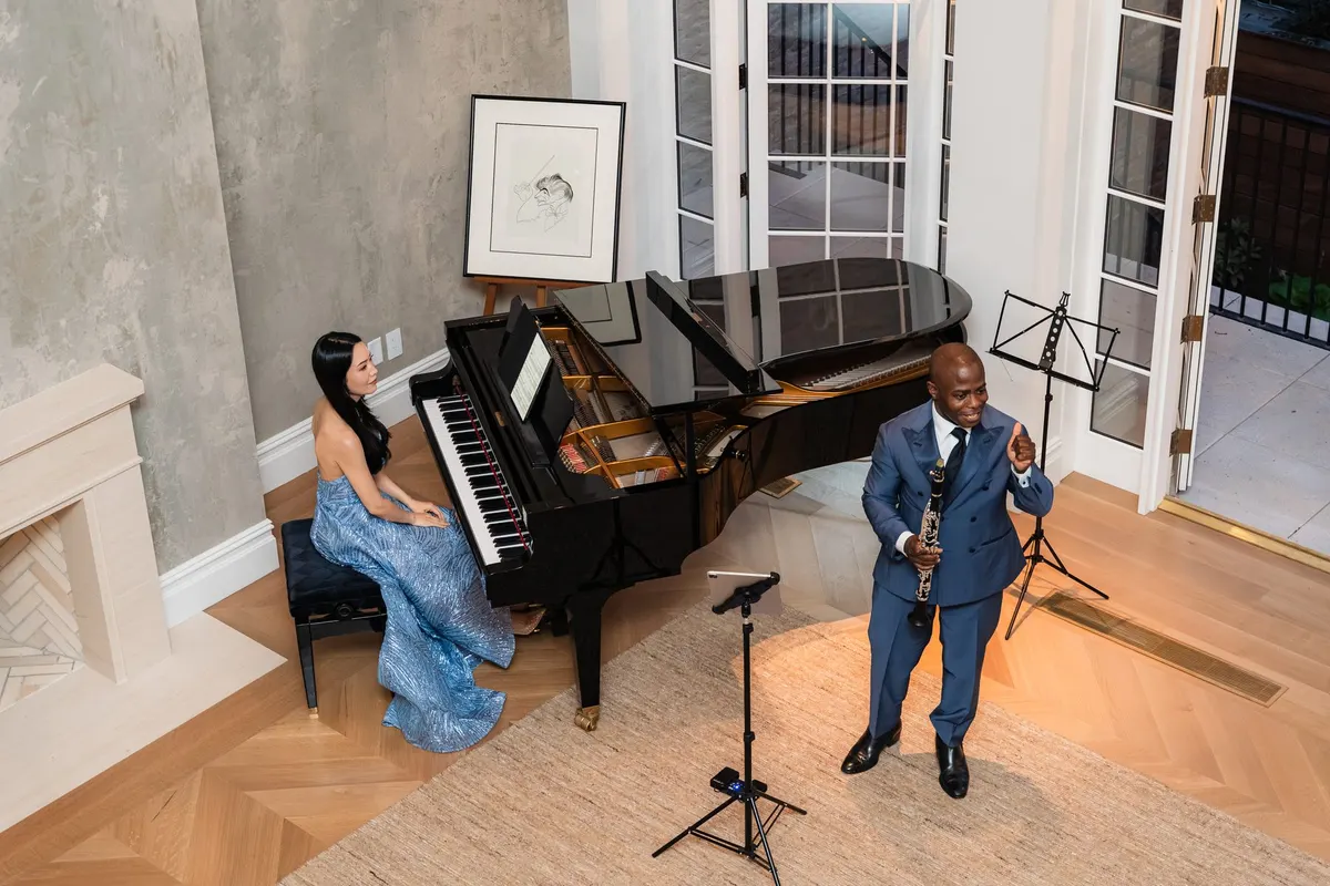 From above: Anthony and Rieko playing on the herringbone floor